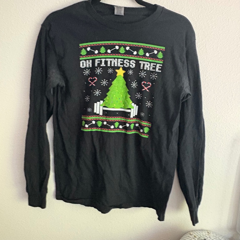 Oh Fitness Tree Ugly Christmas Sweater Long Sleeve Shirt Gildan Small